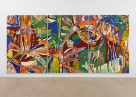 Ana Cláudia Almeida, Umidade, 2023 Pastel oleoso, pigmento e resina sobre tecido de algodão 133 1_2 x 283 1_8 x 2 in (339 cm x 236 cm x 5 cm - triptych) 339 x 719 x 5 cm Foto_ Gabriel Araújoa