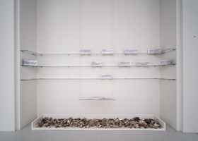 Pélagie Gbaguidi (geb. 1965, Dakar) The Missing Link. Dicolonisation Education by Mrs Smiling Stone (2017) Schulbänke, Fotografien, WERKLISTE Glassinepapierbögen, Zeichnungen mit Farbstift, Mikrofonständer, Erde und Lippenstift auf Papier, Digitalvideos, Musikaufnahme, Handpuppen und Marionetten, diverses Spielzeug Maße variabel Fotografien von Dr. Peter Magubane Leihgaben des Münchner Stadtmuseums, Stadtmuseum Kassel, VS Vereinigte Spezialmöbelfabriken GmbH & Co. KG